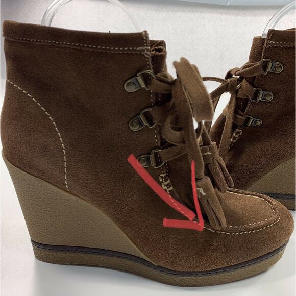 MIA Hazel Boot Brown Suede Leather Tassle Lace Up Wedge Bootie Size 7.5 M - Picture 3 of 12